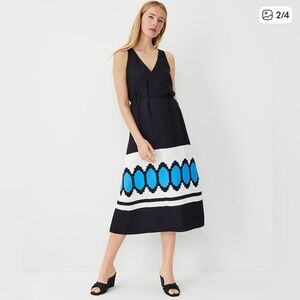 Ann Taylor Black Midi Dress with White and Bright Blue Geometric Band